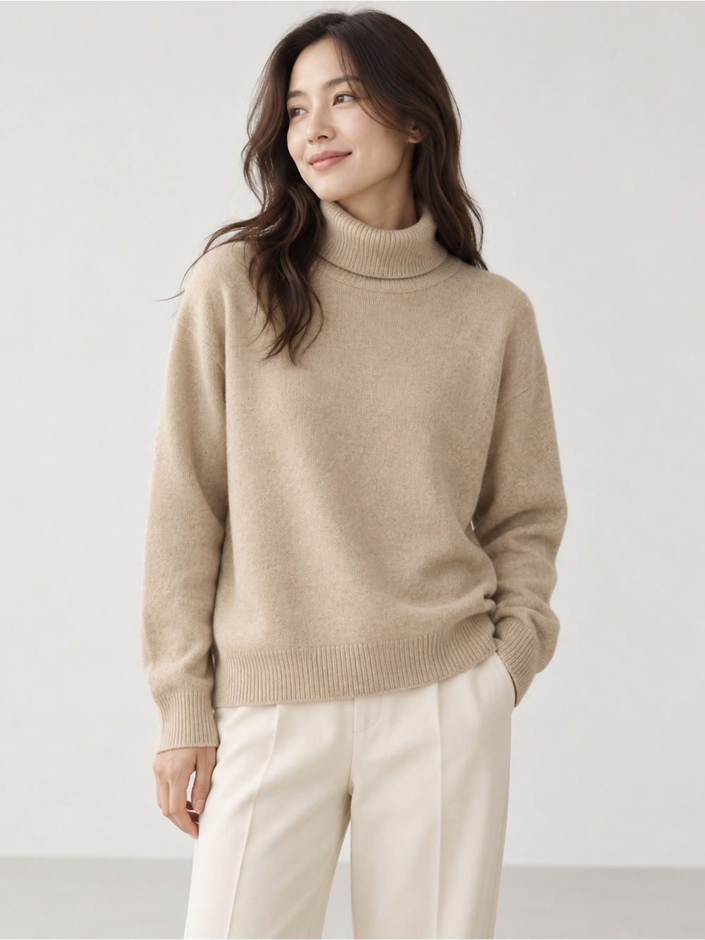 UNIQLO 100% Wool Beige Oatmeal Turtleneck Sweater Size L